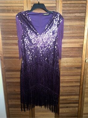 Purple Sequin Fringe V-Neck GatsbyParty Dress Sz XL